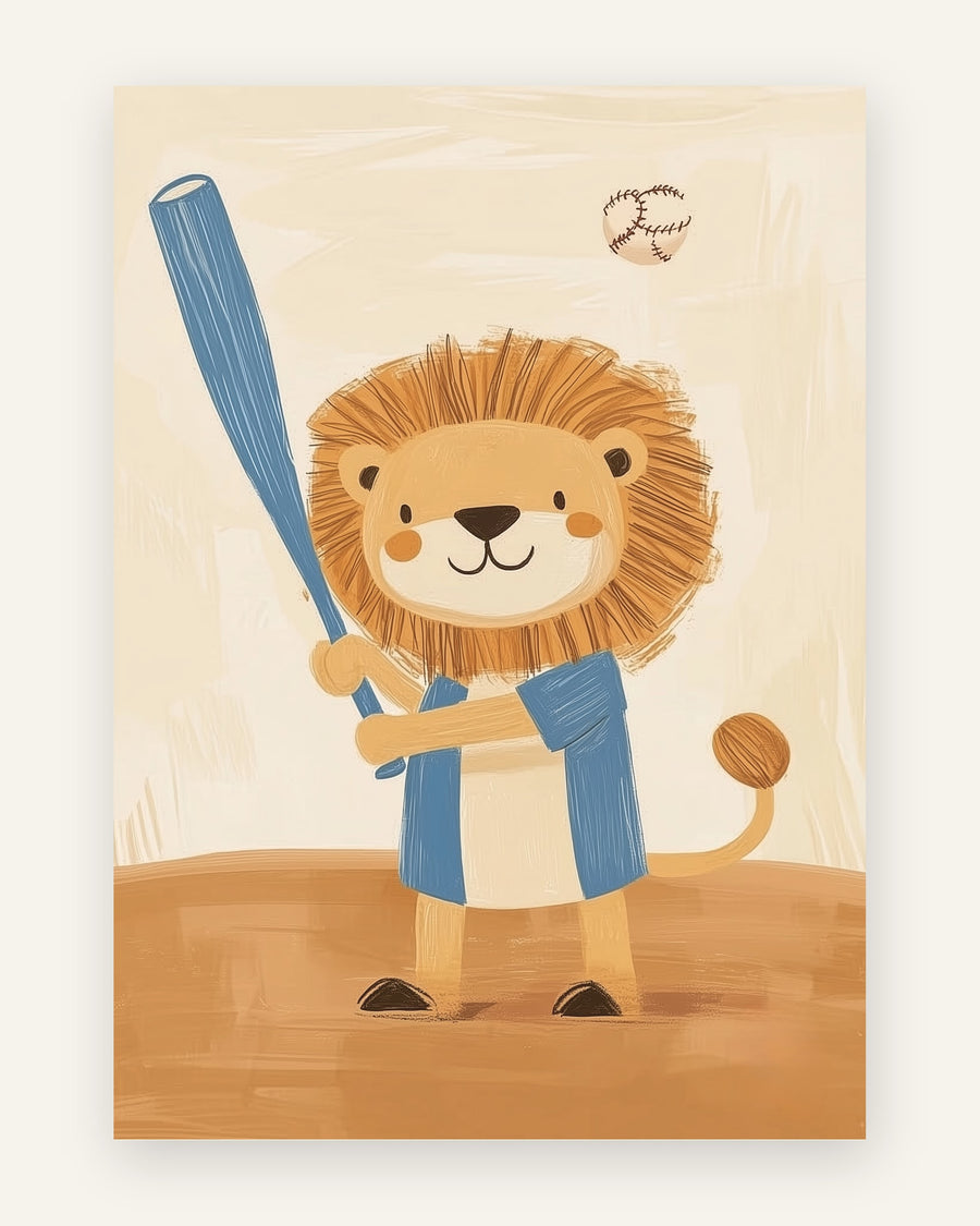 Børneplakat med løve spiller baseball i blå toner til drengeværelset
