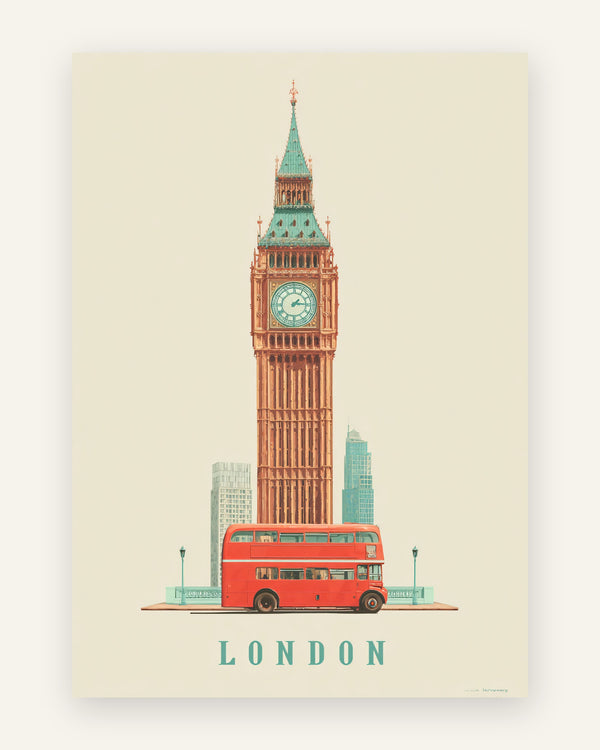 Plakat med london big ben og bus i røde toner
