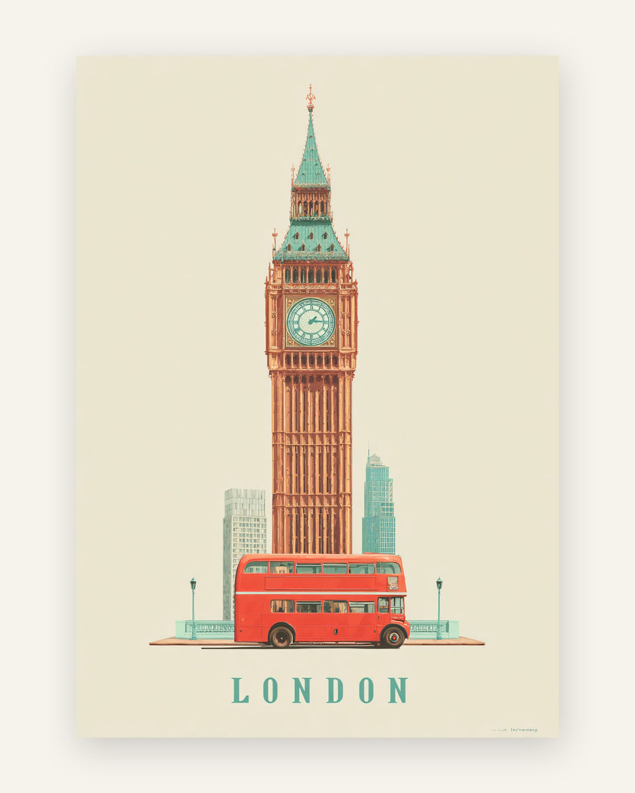 Plakat med london big ben og bus i røde toner