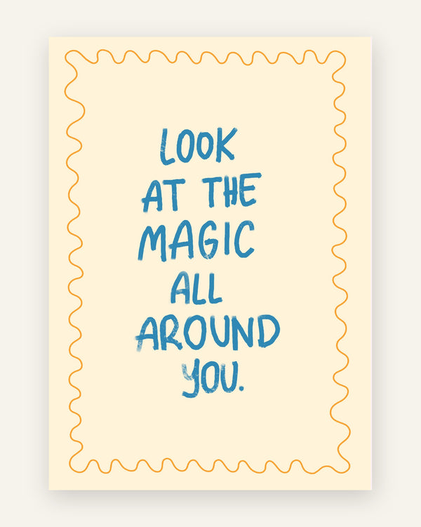 Børneplakat med look at the magic around you i blå toner til børneværelset
