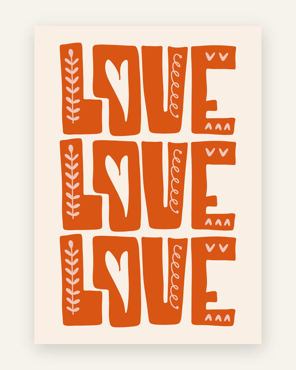 Børneplakat med love love love i orange toner til børneværelset