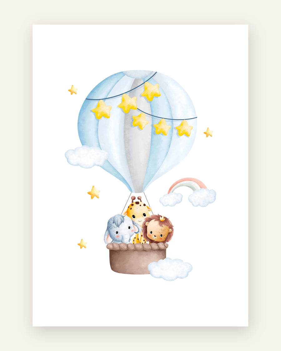 Børneplakat med luftballon med dyr i blå toner til børneværelset