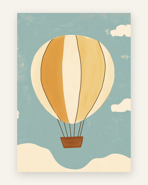 Børneplakat med en gul og creme stribet luftballon, der svæver på en dæmpet blå himmel med skyer, i retro minimalistisk stil, til børneværelset