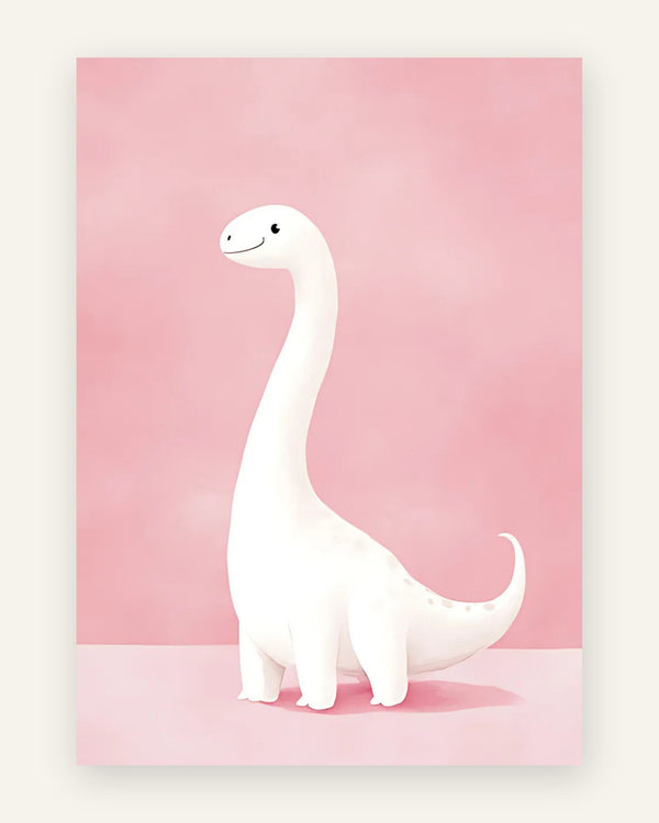 Børneplakat med sød hvid langhalset dinosaur på blød lyserød baggrund til pigeværelset