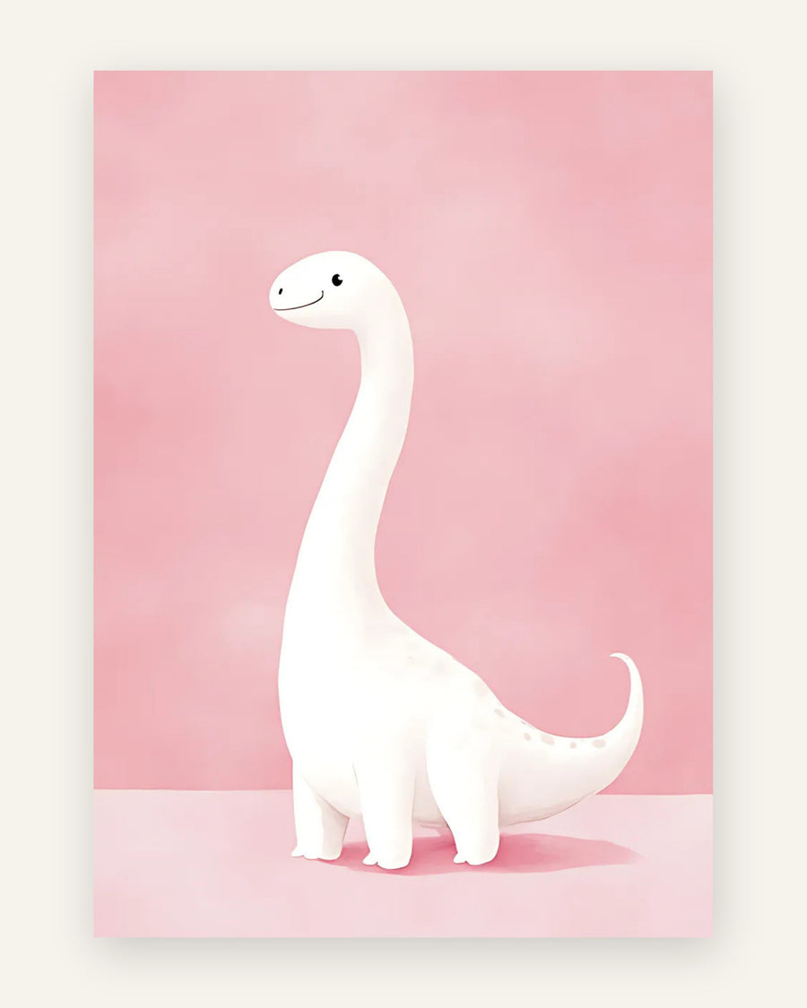 Børneplakat med sød hvid langhalset dinosaur på blød lyserød baggrund til pigeværelset