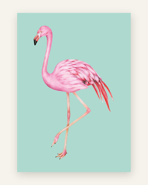 Børneplakat med lyserød flamingo på mint til børneværelset