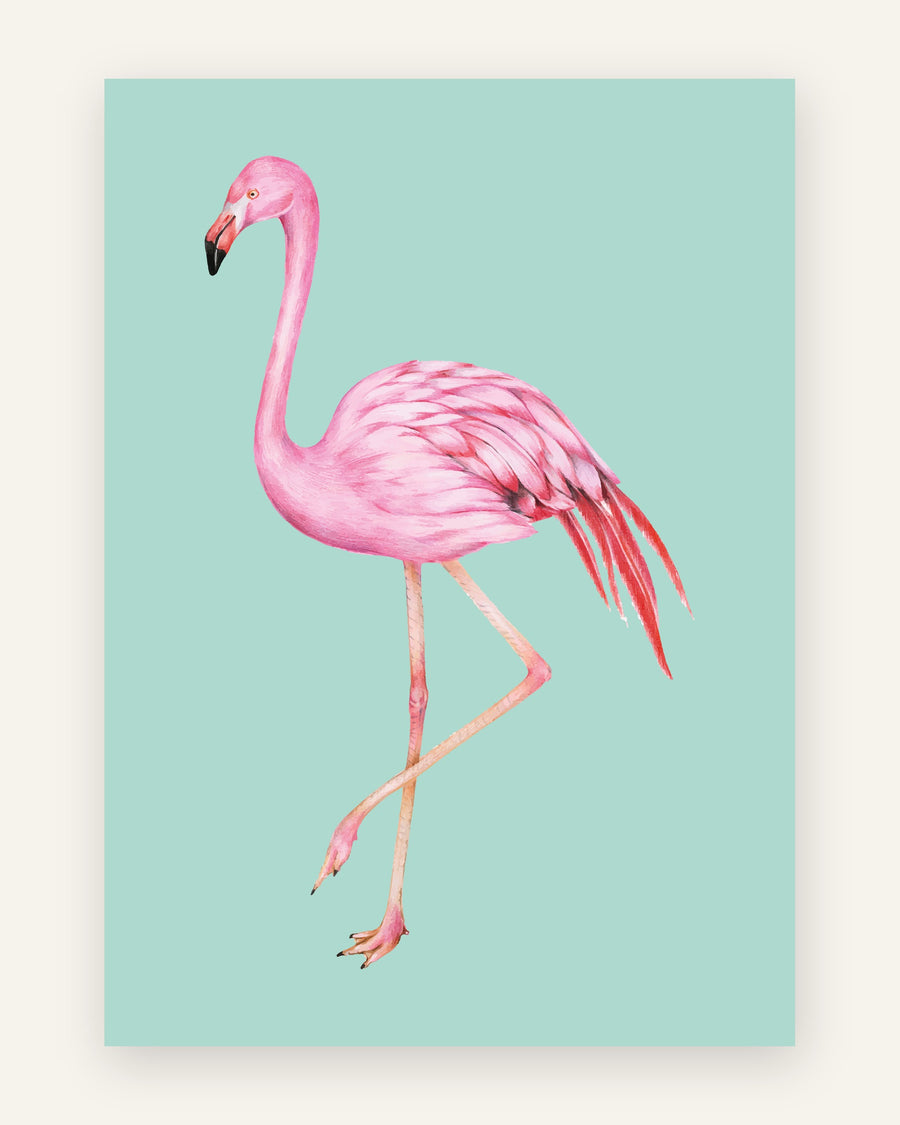 Børneplakat med lyserød flamingo på mint til børneværelset