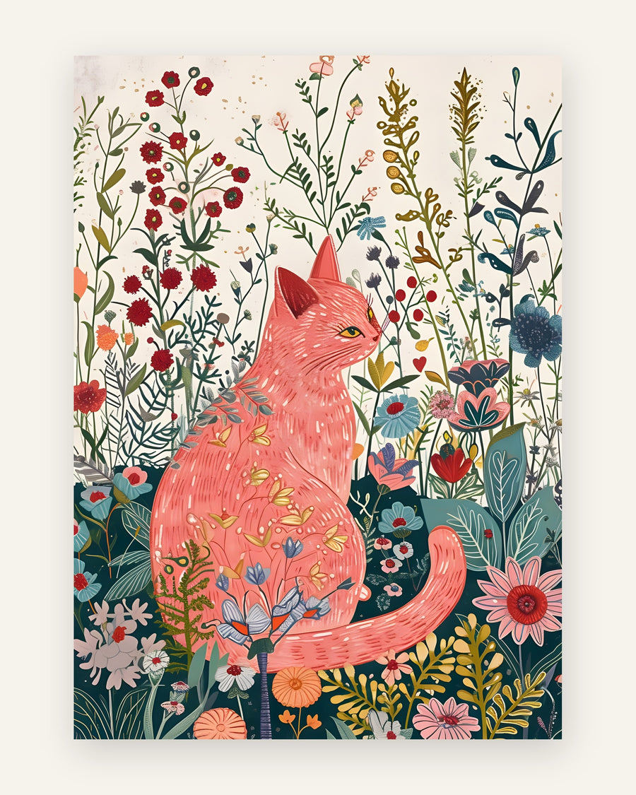 Børneplakat med en lyserød kat i profil omgivet af mange farverige vilde blomster i detaljeret folkekunststil til pigeværelset
