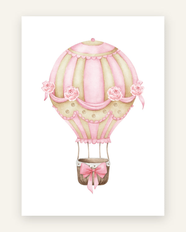 Børneplakat med lyserød rose luftballon i lyserøde toner til pigeværelset