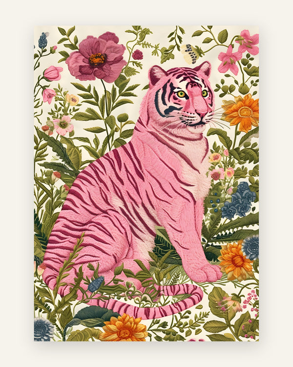Børneplakat med lyserød tiger med blomster i lyserøde toner til pigeværelset
