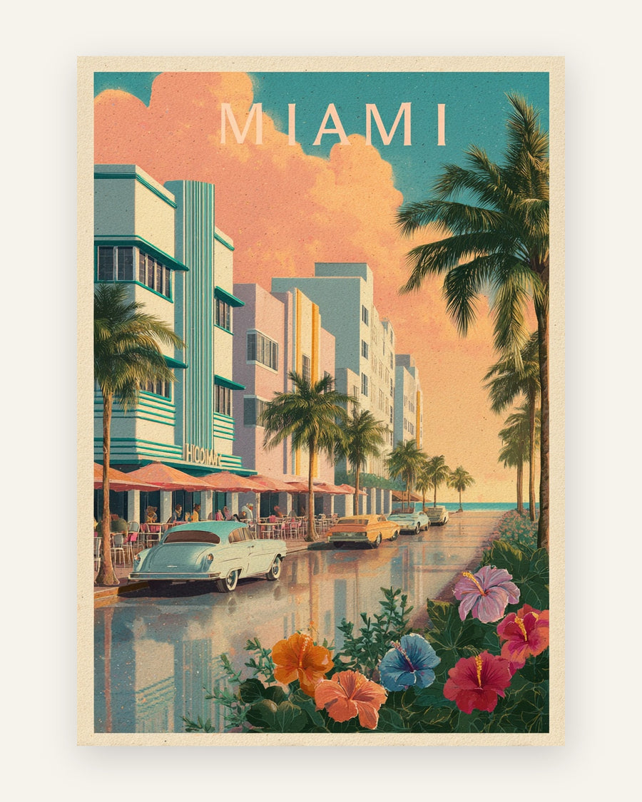 Plakat med miami art deco i friske farver
