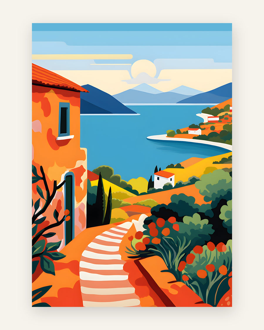 Plakat med middelhavets kystidyl i orange toner