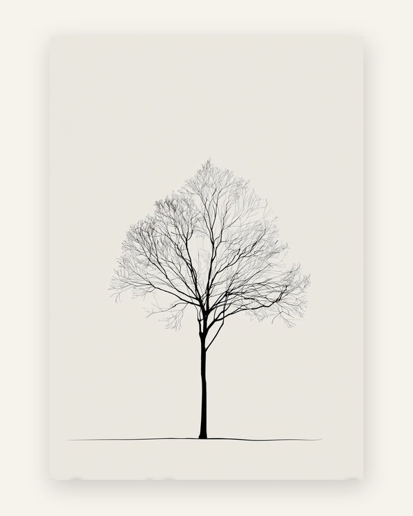 Minimalistisk plakat med et bladløst vintertræ tegnet i fine sorte streger med fyldig krone på cremehvid baggrund