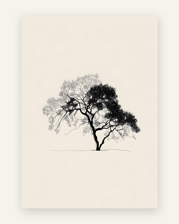 Minimalistisk plakat med et træ i sarte sorte streger på lys sandfarvet baggrund
