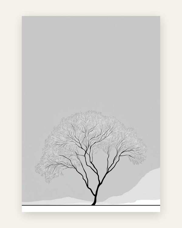Minimalistisk plakat med et bladløst træ med bred vifteformet krone i fine sorte streger på en blød grå baggrund
