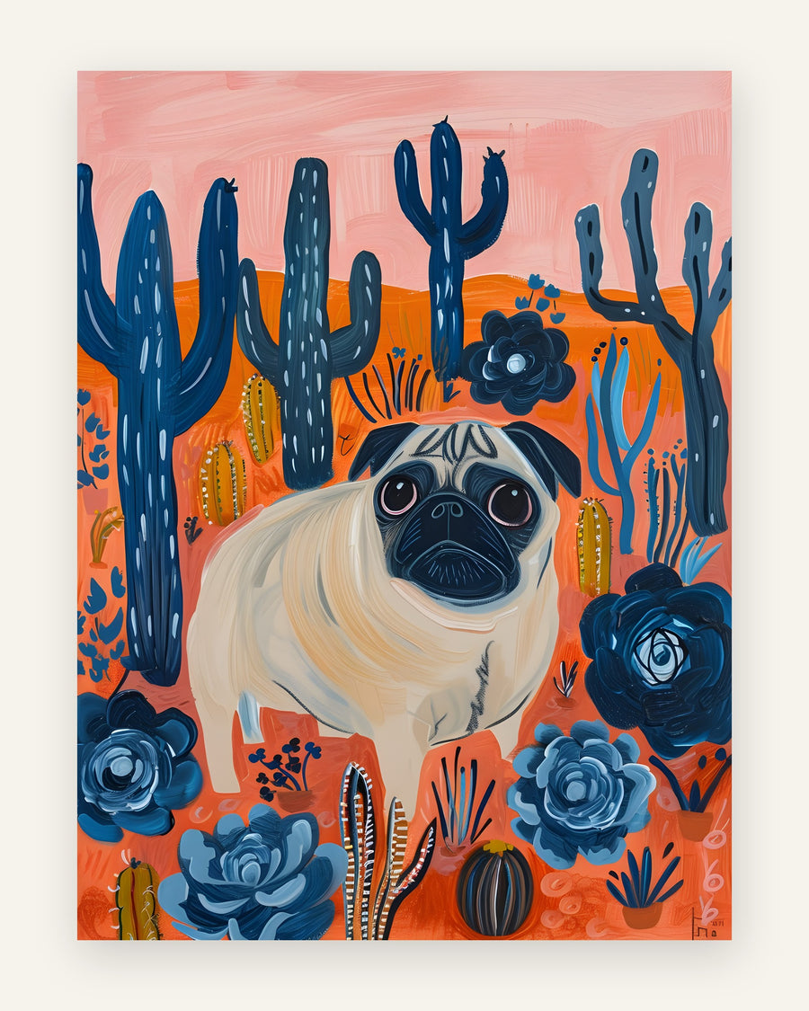 Børneplakat med en lys mops i en ørken med mørkeblå kaktusser og succulenter, orange sand og lyserød himmel i malerisk stil til børneværelset