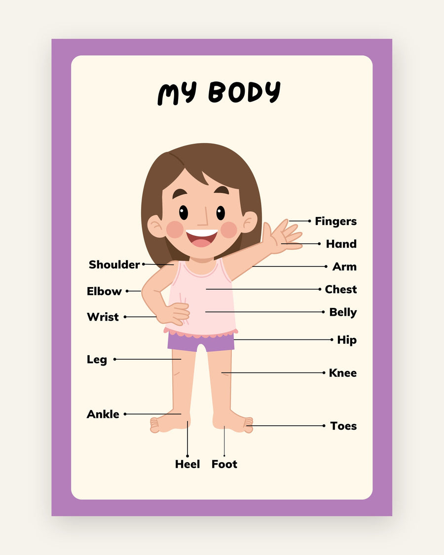 Børneplakat med my body kropsdele i lilla toner til pigeværelset