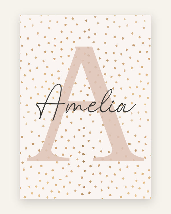 Børneplakat med navneplakat amelia i beige til pigeværelset
