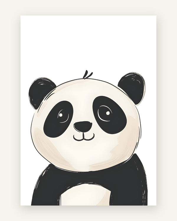 Børneplakat med sød håndtegnet sort-hvid panda med store øjne på hvid baggrund til børneværelset