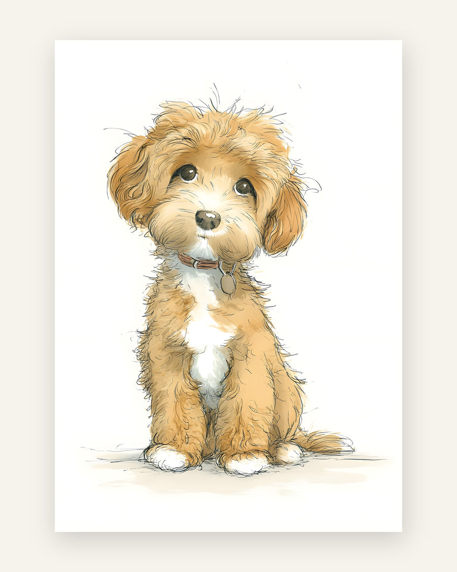 Børneplakat med en gylden, krøllet cavapoo-hvalp med rødt halsbånd, der sidder med hovedet på skrå, i pen- og akvarelstil til børneværelset