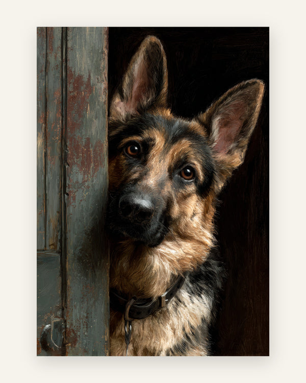 Plakat med en schæferhund, der kigger nysgerrigt frem bag en slidt grågrøn dør, i realistisk malerisk stil med mørk baggrund