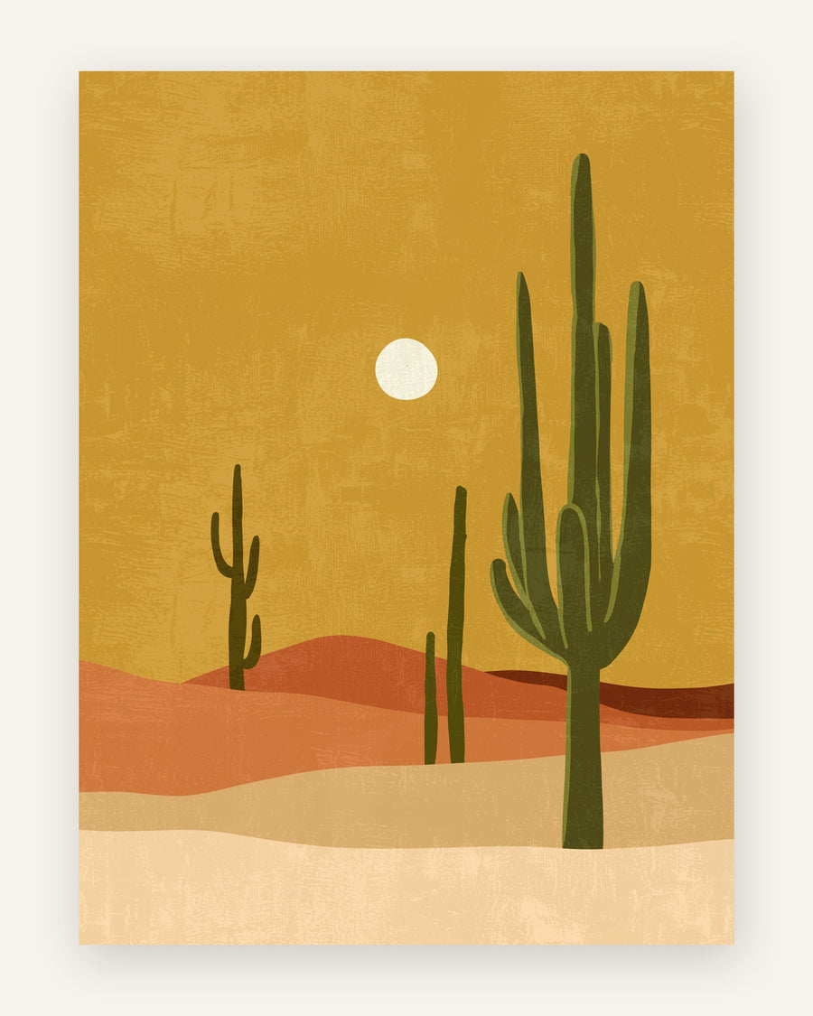 Boho-plakat med en grøn saguaro-kaktus i terrakotta-klitter under en okkergul himmel med hvid sol
