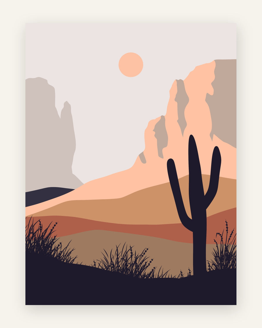 Minimalistisk plakat med en mørkeblå kaktus-silhuet foran tan klippemesaer og terrakotta-klitter under en grålilla himmel med fersken sol