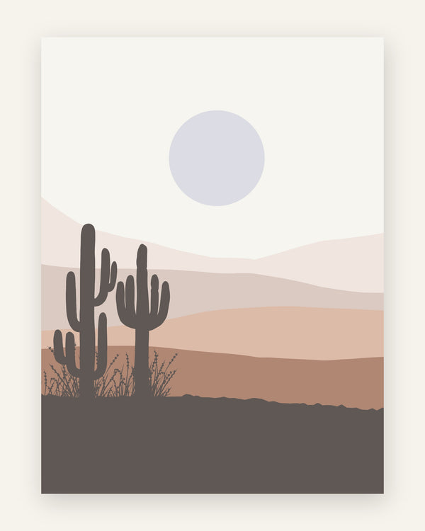 Minimalistisk plakat med to mørke kaktus-silhuetter og en bleg lavendelfarvet måne over dæmpede klitter i støvet rosa og mauve