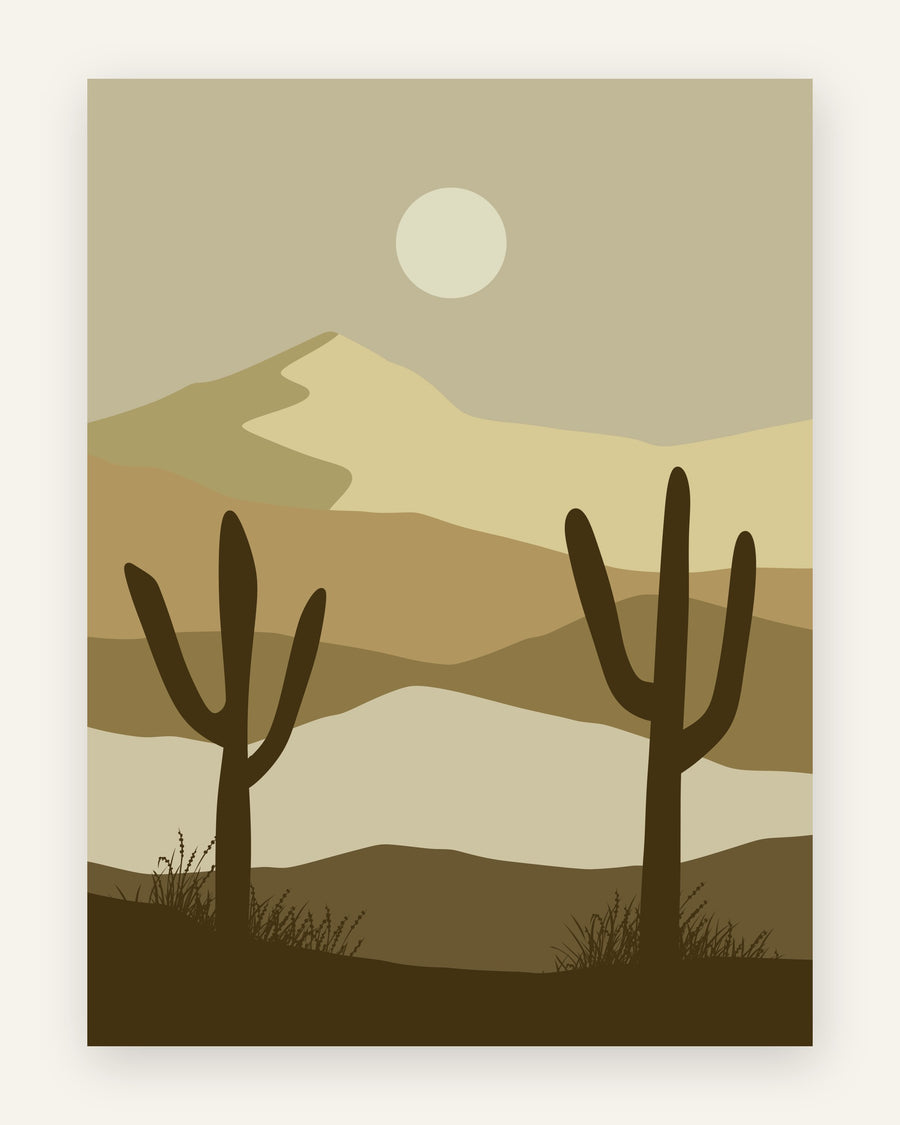 Minimalistisk plakat med to mørke kaktus-silhuetter og en bleg rund sol over lagdelte klitter i khaki, oliven og tan