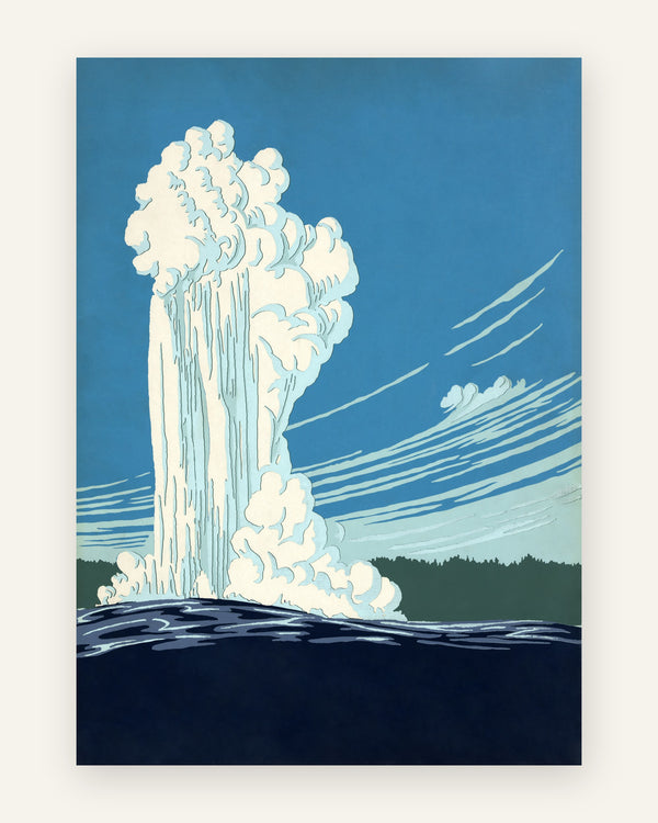 Retro plakat med Old Faithful-gejser der springer hvidt mod en blå himmel over grøn skov