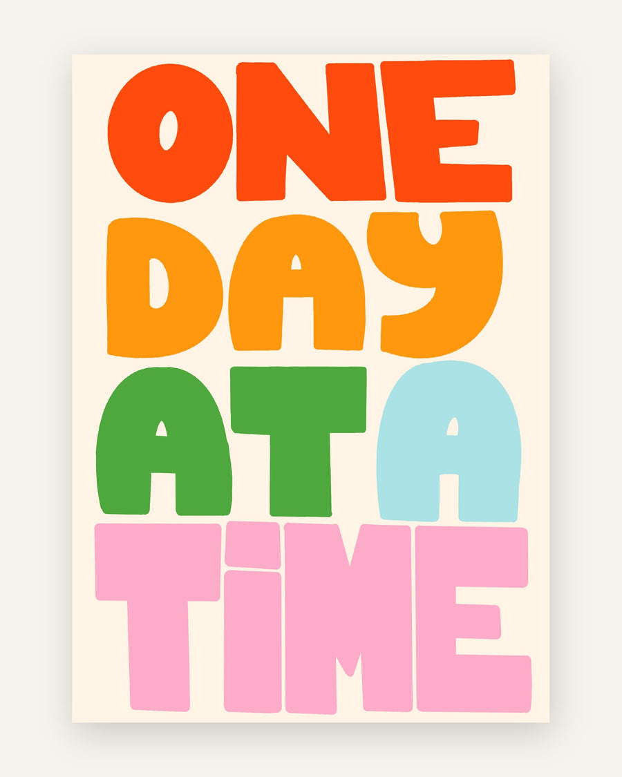 Børneplakat med one day at a time i friske farver til børneværelset