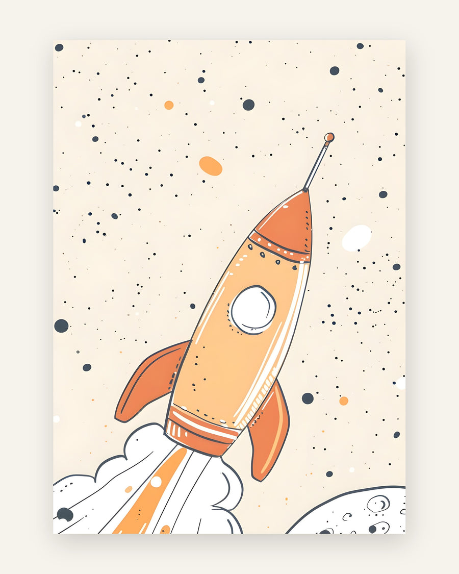Børneplakat med en orange stregtegnet raket, der letter gennem en cremet stjernehimmel med en måne, i retro tegneseriestil, til drengeværelset