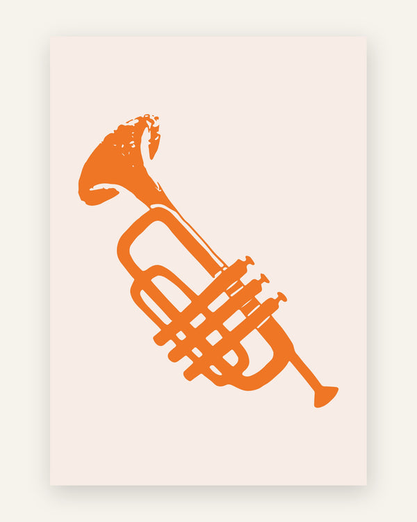 Minimalistisk plakat med silhuet af en trompet i orange på blød blush baggrund
