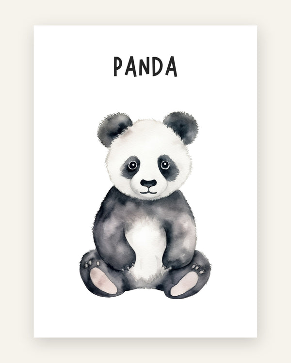 Børneplakat med sød sort-hvid akvarelpanda siddende med teksten panda øverst på hvid baggrund til børneværelset