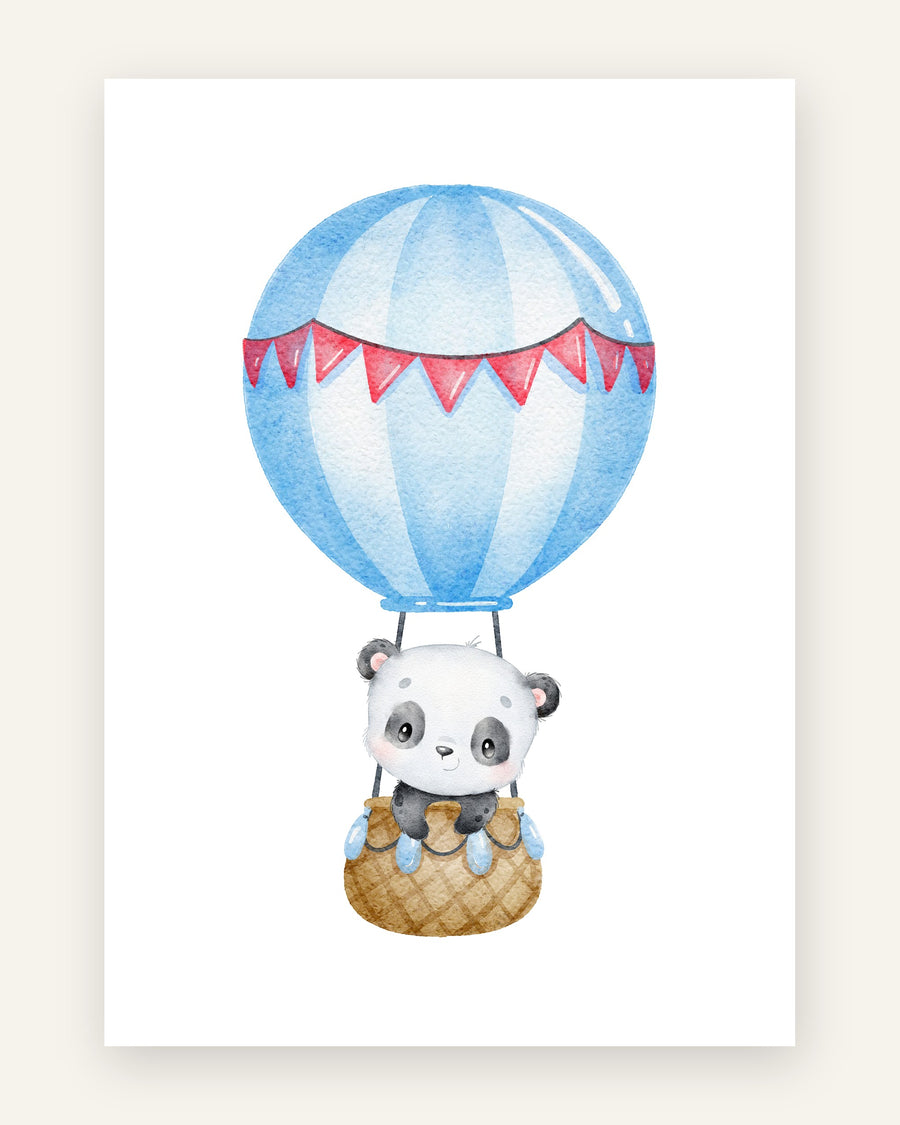 Børneplakat med panda i luftballon i blå toner til drengeværelset