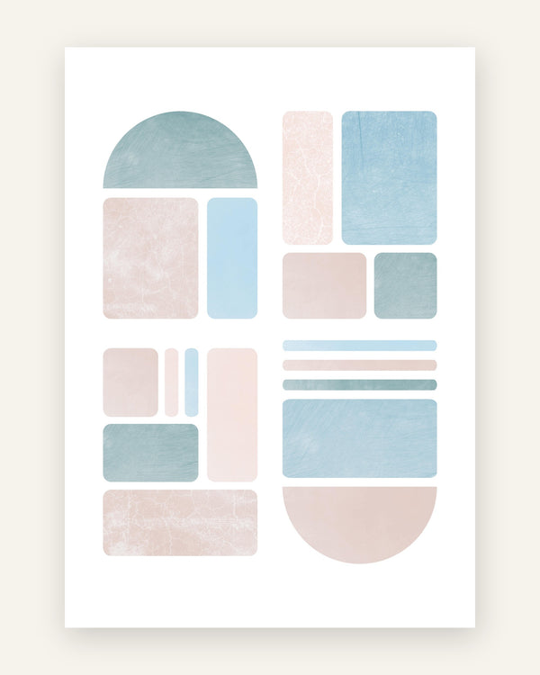 Børneplakat med pastel geometri collage i bløde pasteller til børneværelset