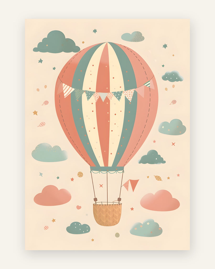 Børneplakat med pastel luftballon i bløde pasteller til børneværelset
