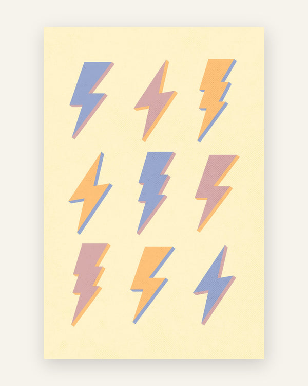 Børneplakat med grid af lyn i pastel blå, mauve og orange på lys gul baggrund til børneværelset