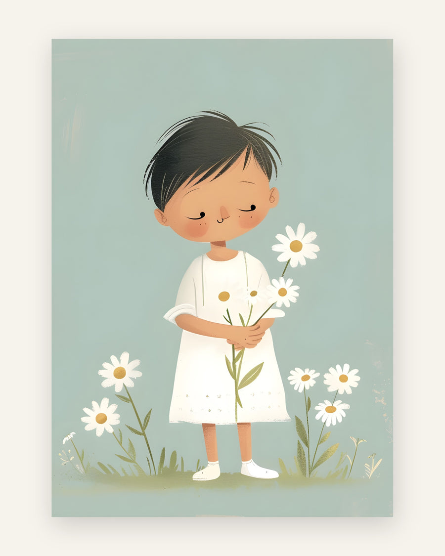Børneplakat med pige med margueritter i blå toner til pigeværelset