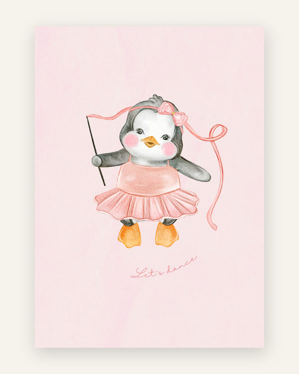 Børneplakat med pingvin ballerina i lyserøde toner til pigeværelset