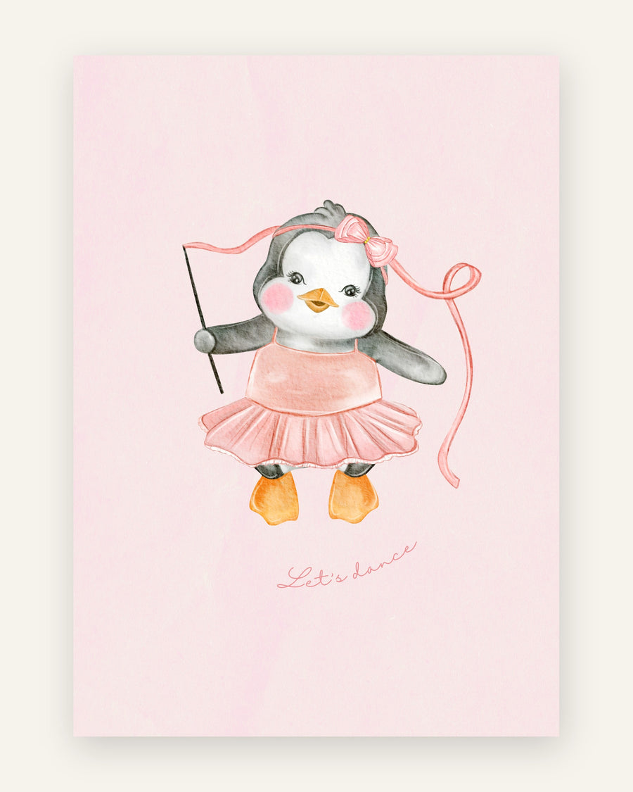 Børneplakat med pingvin ballerina i lyserøde toner til pigeværelset