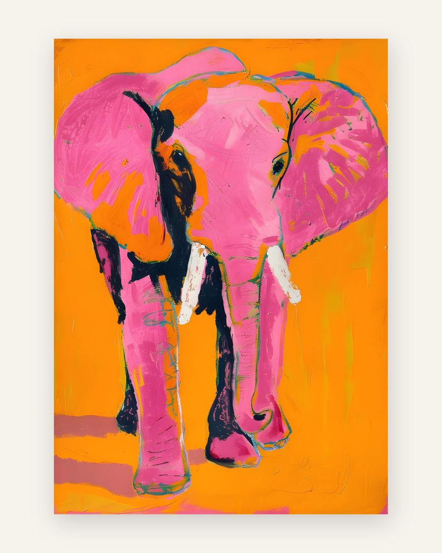 Børneplakat med pink elefant på orange til børneværelset