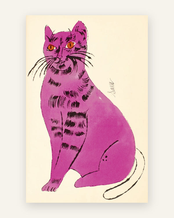 Børneplakat med en lyserød kat med orange øjne og sorte striber og teksten Sam på cremefarvet baggrund i pop-art-stil til pigeværelset