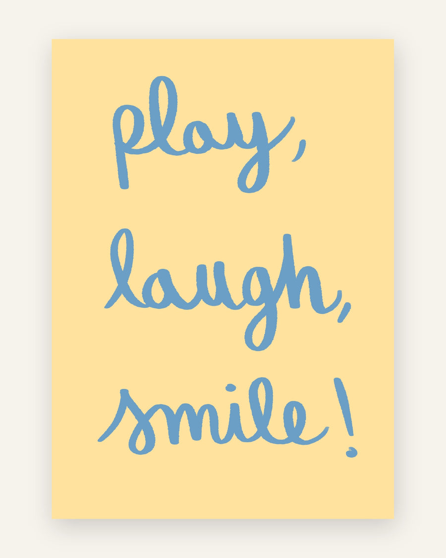 Børneplakat med play laugh smile i blå toner til børneværelset