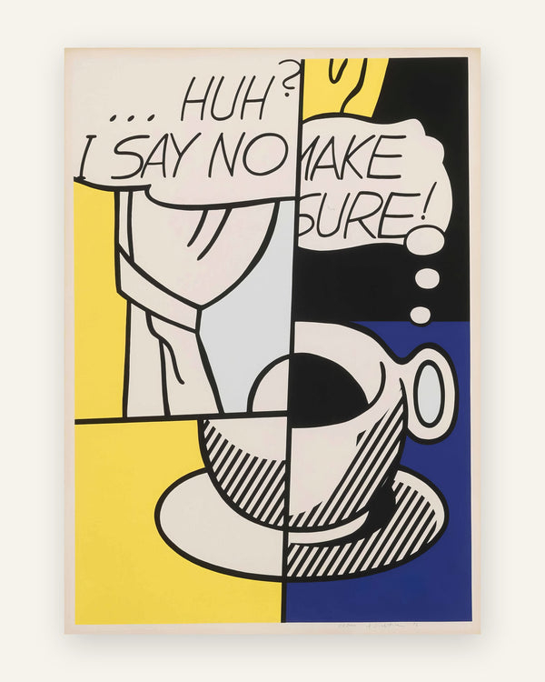 Pop art plakat med kaffekop og taleboble i gul, blå og sort tegneseriestil