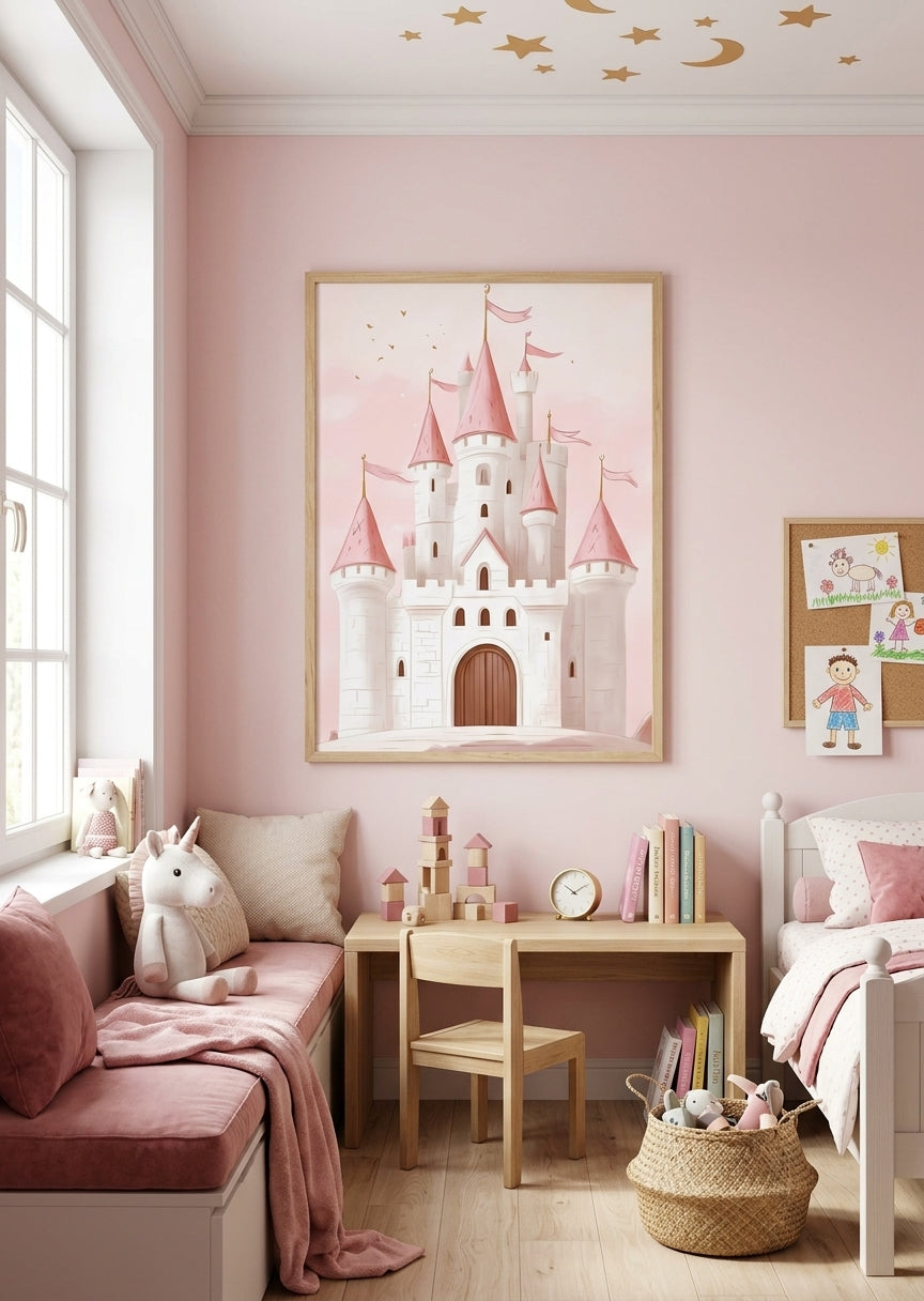 Eventyrplakat med pink slot til pigeværelset