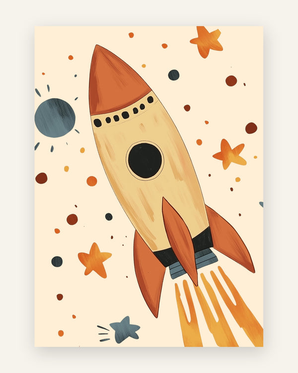 Børneplakat med en malet creme og terrakotta raket, der letter med orange flammer blandt orange stjerner og en gråblå planet, til drengeværelset