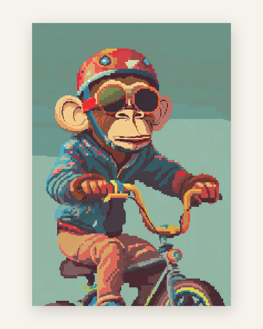 Børneplakat med retro cykelabe i røde toner til drengeværelset