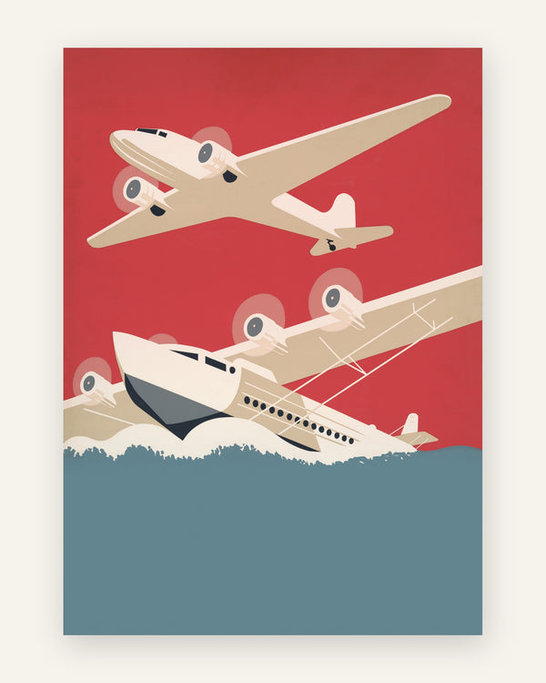 Børneplakat i retro art deco-stil med to cremefarvede propelfly over blåt hav mod en dristig rød himmel, grafisk stil, til drengeværelset