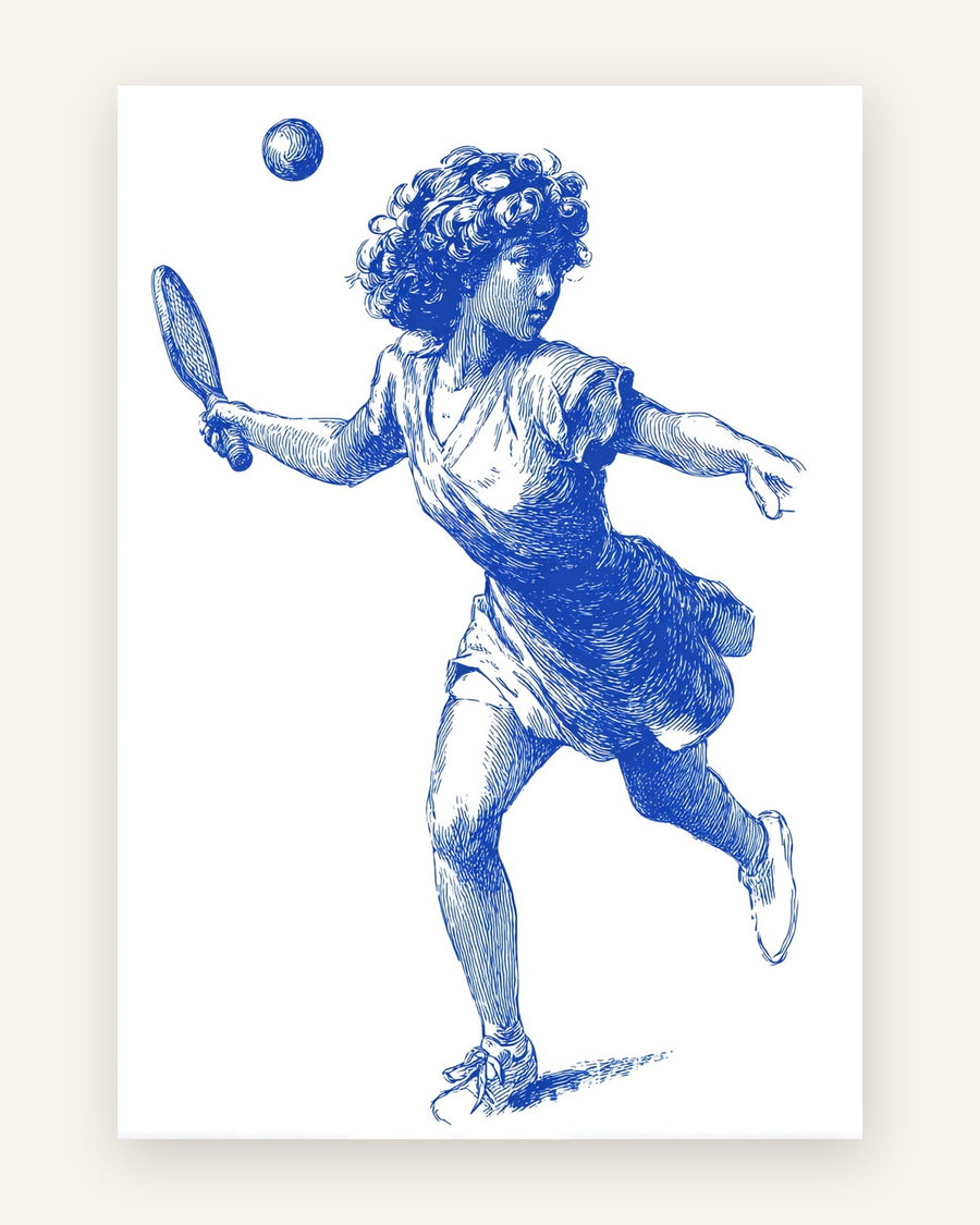 Børneplakat med retro tennispige i blå toner til pigeværelset